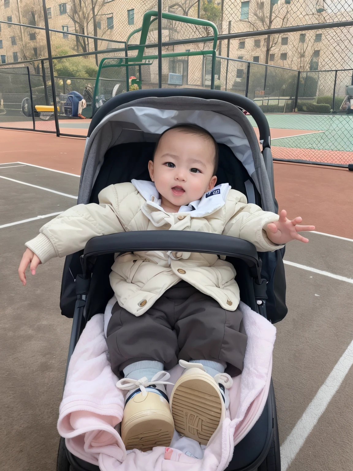 Alafid in stroller on tennis court with tennis ball, jinyiwei, Uptrend ,, abcdefghijklmnopqrstuvwxyz, jia, li zixin, There is a park behind, zmenzheng, yihao ren, yanjun chengt, Set in the park
