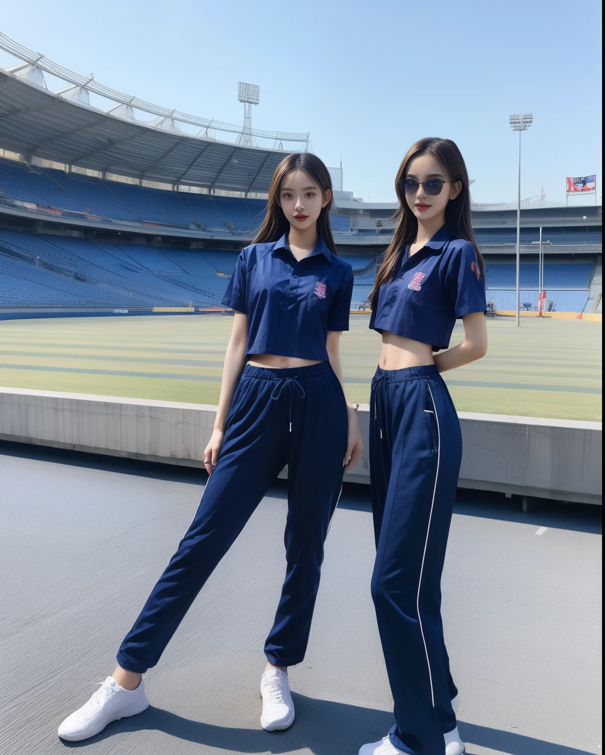 (bestquality,10,10,highres,masterpiece:1.2),ultra-detail,(Realistic,photorealistic portrait,photo-realistic:1.37),1 Cute girl in the football field,oily shiny skin,bara,light smile,BDclothes,((blue shirt:1.3)),short sleeves,shirt, trousers.,(navy_long_Pants Track:1.1), ((Stadium Background:1.3)),dynamic angle,excited,face focus,Dynamic Poses,from behide,Ass Focus,masterpiece, bestquality, ultra realistic, hyper-detail, 8k resolution, RAW photo, crisp focus, ((Navy blue shirt:1.1)), short sleeves, Long Path, Perfect body, 2 mature women, 18yo, cinematic light,Blue sweatpants,Gymware,Correct anatomy,Complete body, Correct body, sharp face, Anatomically correct body, full entire body, Realistic gestures, long-haired, Realistic poses,Wear long shorts.........................,Long leg span,Shapely,Sculpting Girl, Slender Figure, mannequin mannequins, Shapely, Beautiful body,Blue sweatpants, Two girls kissing