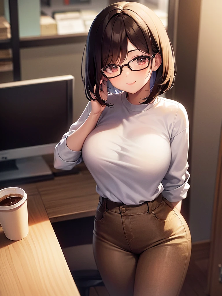 in office room, (holding a paper cup coffee) a one brown bob hair woman in a casual clothing, glossy mouth, glasses, standing, looking down, smile. beautiful detailed glow.