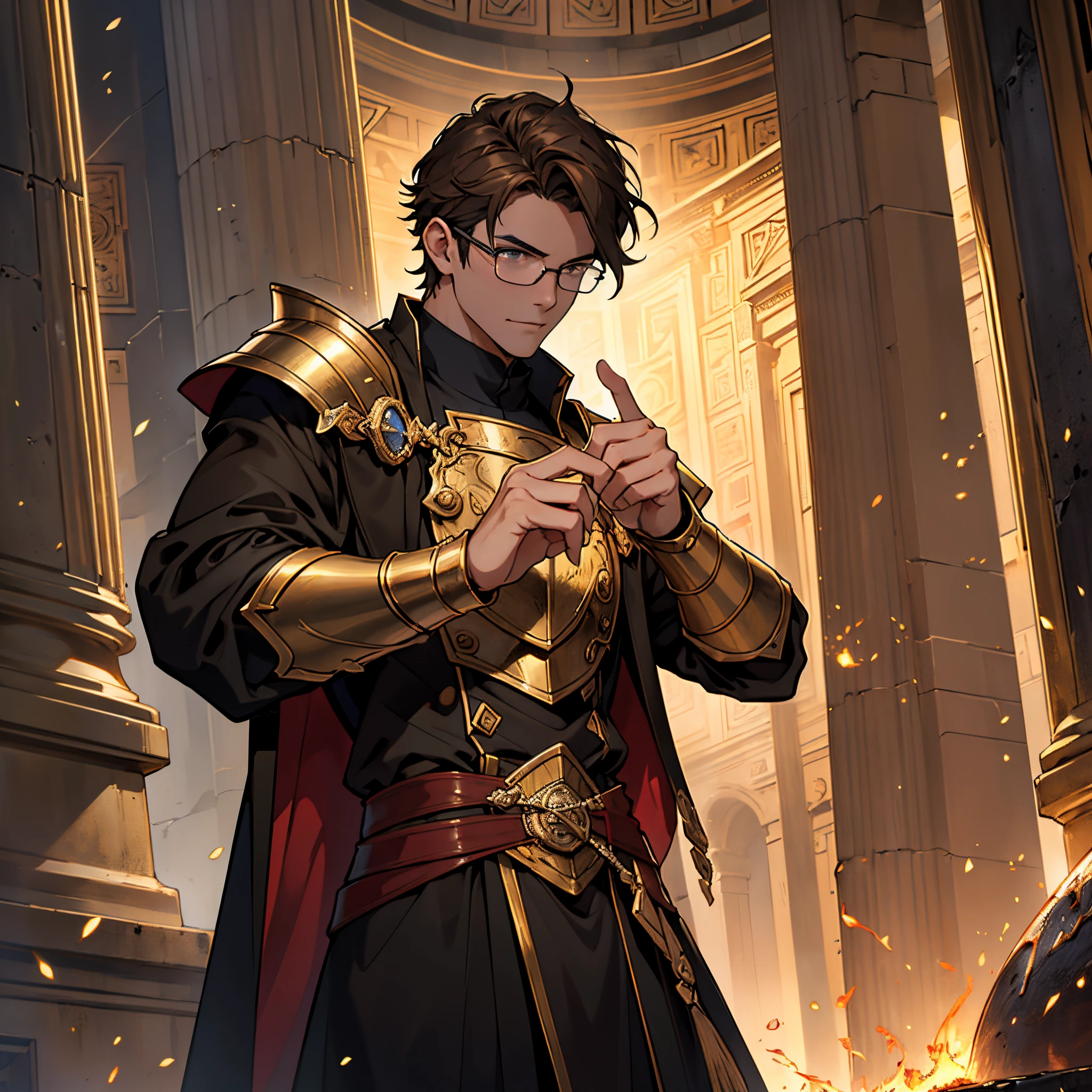 ​masterpiece, Best Quality, 4k, Background with:Inside the Pantheon with lava flowing, short brown hair, Sharp impression, Glasses wearing scholar style, very skinny knight of seville, gold armor, long black coat, Sparks fly