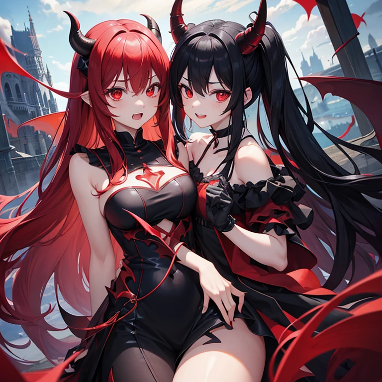 There is a demon Waifu,ultra hd,red/black long hair,cute,red eye,,normal booba,His mouth is open , tooth , water,fight position,flufy shirt,shy, Thigh visible,castle