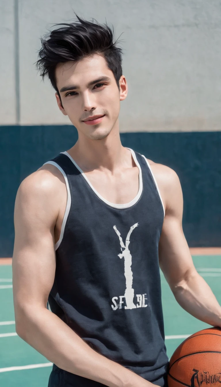 Handsome Man, American, White skin, black spiky hair, Smiles, Holding a basketball to his chest, Physical Education Student, outdoor basketball court, No shirt.., basketball pants, Abs, sexy belly hair, The body is perfectly proportioned.., thin lips, exquisite facial features
