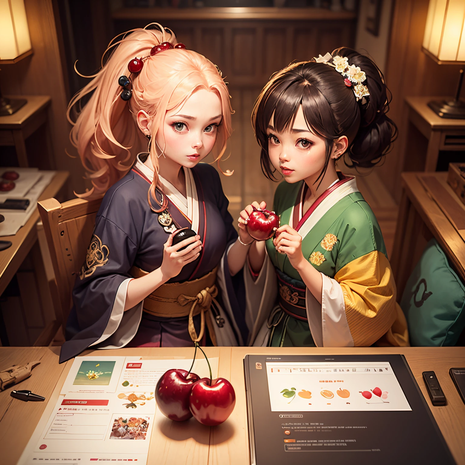 Two cherries connected together，cherrie，smooth drawing，game prop，food icons，gameicon，Japanese style，cartoony，game design，digitial painting，Q version，original god ui，2D merge game，evermerge game art details，Simple shape