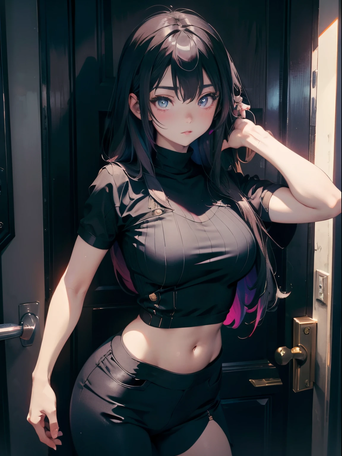 Black hair, large breasts, sexy, spaghetti strap top, jeans