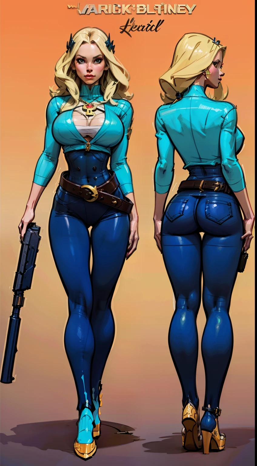 woman in a gun costume, ((character concept art)), tall figure, ((character design sheet, same character, front, side, back)), maple story character art, video game character design, video game character design, gigantic breasts, (large ass), slim waist, slendered abs, maple story gun girl, girl wearing cute hairpin on her head, yellow glowing decoration on girl's clothes, expert high detail concept art, metal bullet concept art, funny character design, belts, housewife, warrior housewife, determined, multiple face angles, gravity rush inspiration, Viscous tar. Concept art, belt buckle at waist, steampunk weapon,