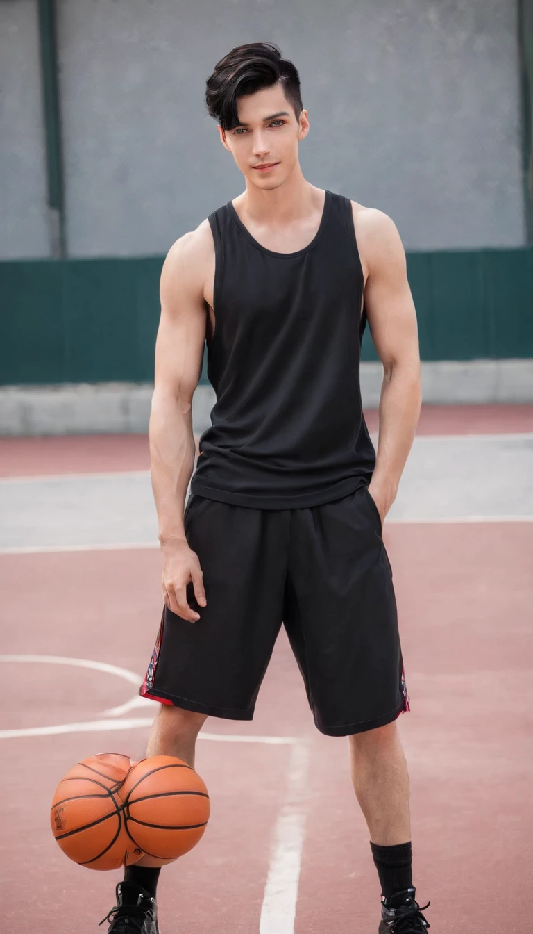 Handsome Man, American, White skin, black spiky hair, Smiles, Holding a basketball to his chest, Physical Education Student, outdoor basketball court, No shirt..., basketball pants, Abs, sexy belly hair, The body is perfectly proportioned..., thin lips, Beautiful facial features, Shallow chakra, dark hair, Short hairstyles., basketball player in uniform