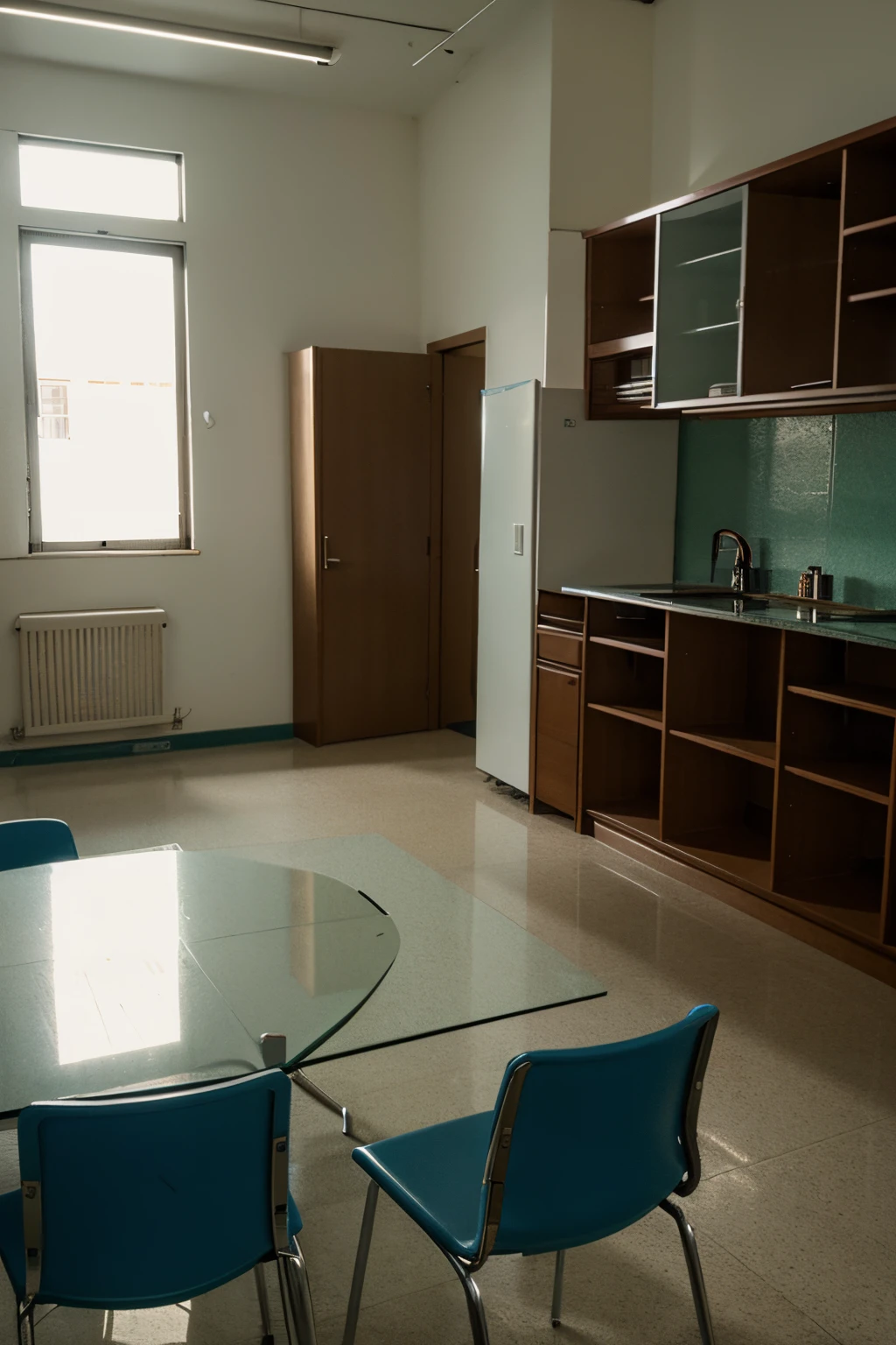 desenhe uma sala de quimica de universidade onde perto da bancada do professor tem um sapato feminino, inside the room there is an open closet with a male body with a disfigured face, broken glass in the middle of the room and several chairs