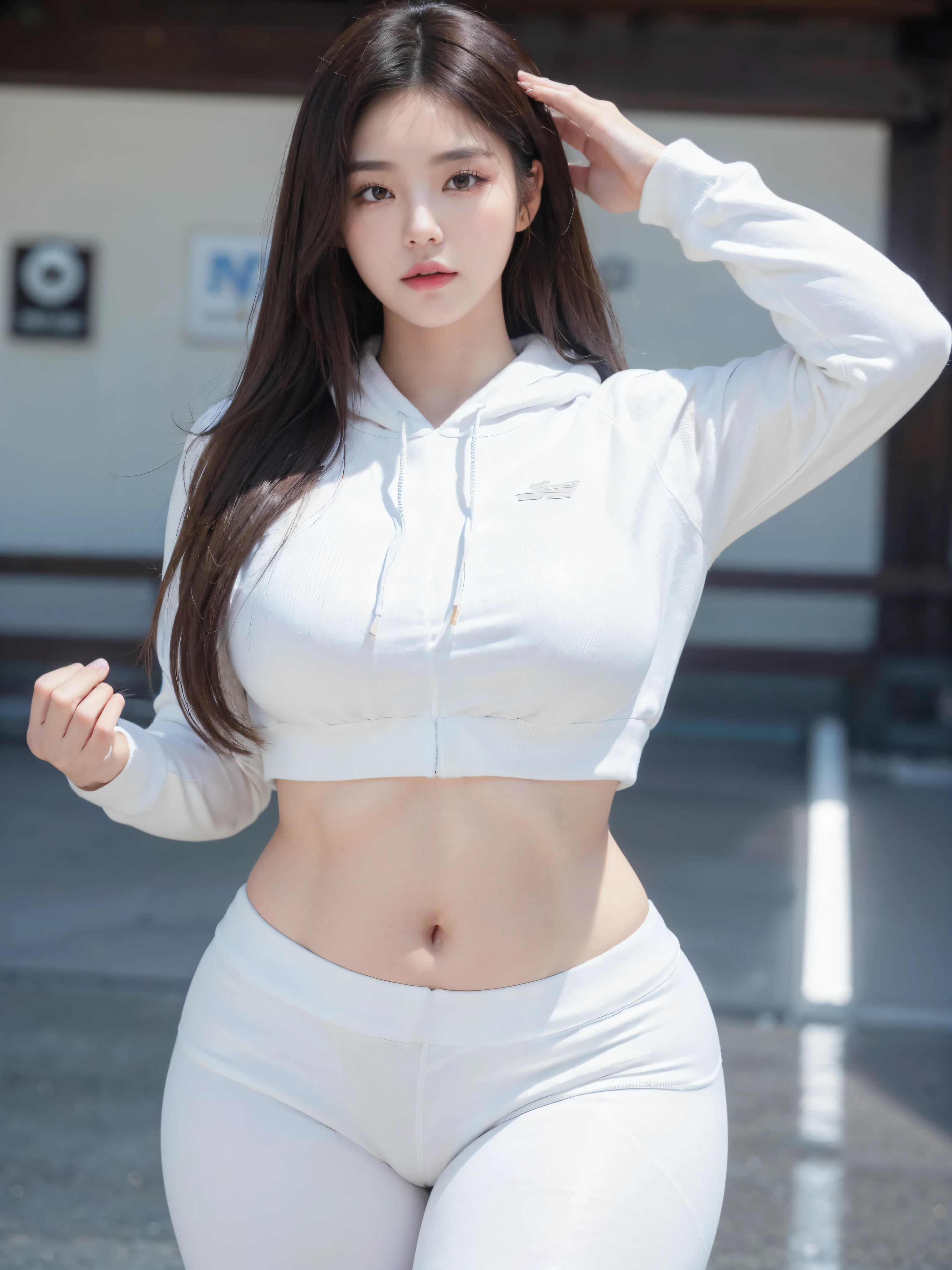 8K, Best quality, Ultra High-Resolution: 1.35, Raw photo: 1.2, Photorealistic: 1.37, masterpiece: 1.25)), Sweatiness: 0.2, Professional lighting, photon mapping, radiosity, symmetry, complexity, elegance, anatomically correct, ((1 girl)), medium breast, ((long dark hair, brown eyes: 1.2)), (long eyelashes), eye shadow, natural makeup, clear facial features, double eyelids, alluring, attractive, (curvy build, full-figured body, busty, thicc body,), showing stomach, abs, ((Sports bra:1.35, Yoga pants:1.2, open white hoodie), sexy pose,