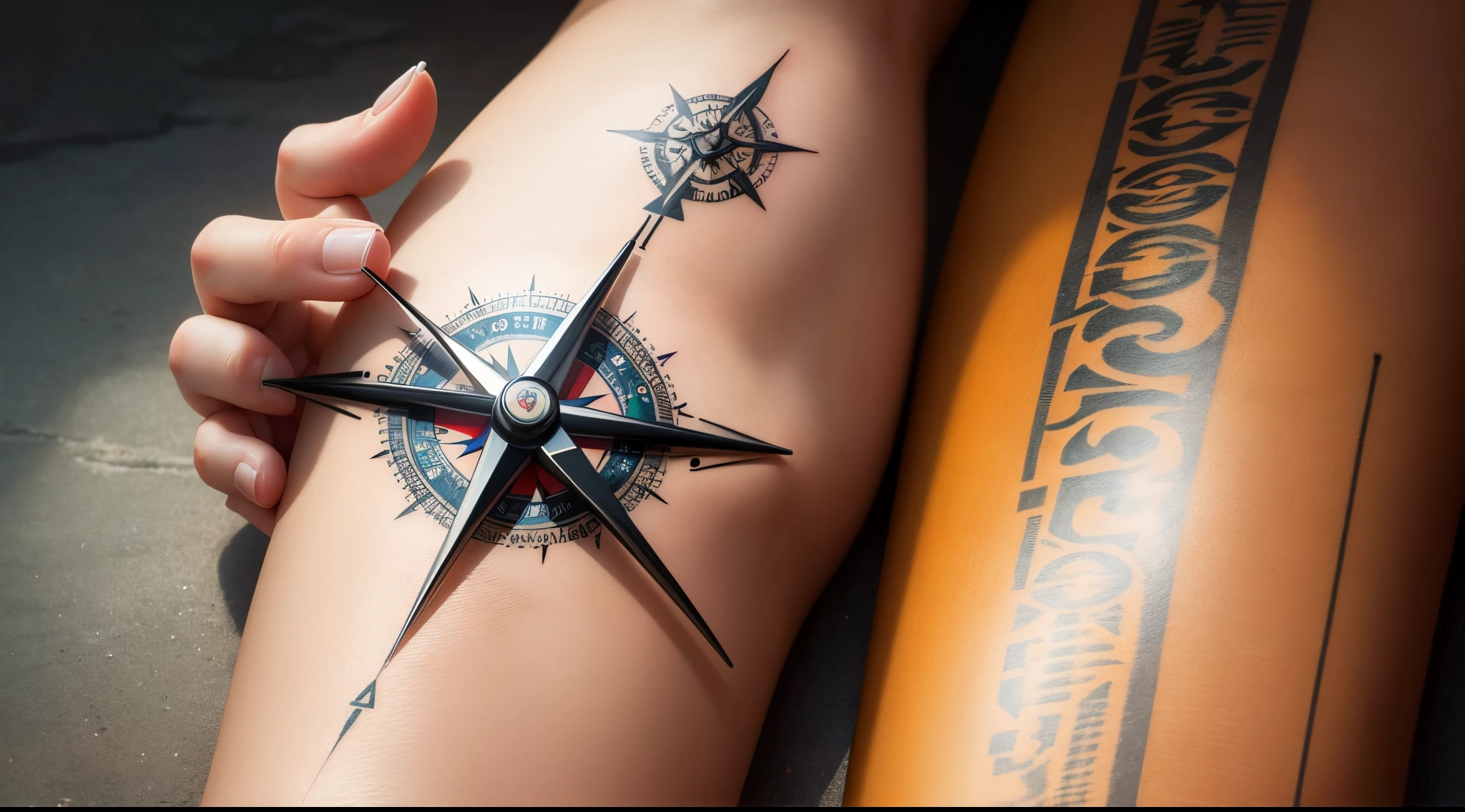 Tattoo of a compass with an arrow passing through it