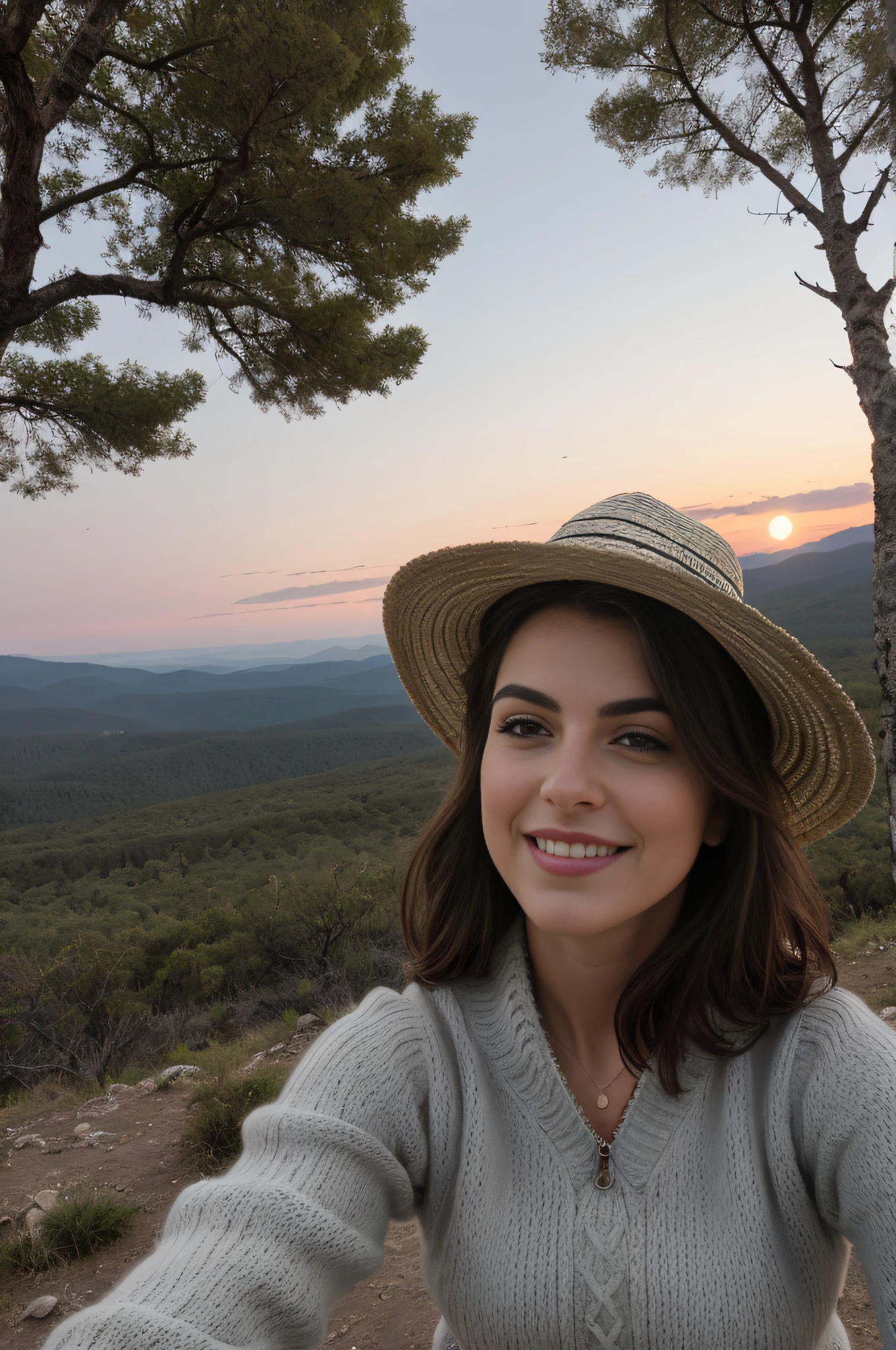 1 mujer ((selfie de la parte superior del cuerpo, feliz)), obra maestra, mejor calidad, ultra detallada, suelo, al aire libre, (noche), Mountains, naturaleza, (estrellas, luna) alegre, feliz, mochila, bolsa para dormir, estufa de camping, mountain boots, guantes, pullover, sombrero, linterna, bosque, piedras, Kali, madera, humo, sombras, contraste, cielo claro, estilo, (warm hue, warm hue)