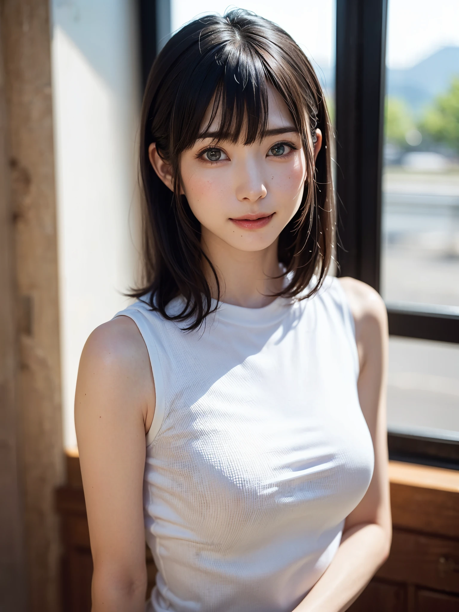 (masutepiece, top-quality、Very attractive adult beauty、Add intense highlights to the eyes、Look firmly at the camera:1.4、Beautiful woman full of adult charm、Ideal ratio body proportions、Perfect Anatomy、Brunette Short Bob Hair、Lustrous hair、lipgloss),1girl in, 独奏, Light brown shiny hair, muffler,realisitic, looking at the viewers、Tilt your head slightly, Bright colored crystal light blue eyes, short shiny hair、 White turtleneck outfit with a hole in the center of the chest,Sexy white turtleneck knit sweater with a round hole in the middle of the chest、 s lips, lipgloss,bangss, The upper part of the body、big eye、Lashes、The face is a little red、Embarrassing)、((Road system in Italy in winter))、((Shorthair with bangs、big eye、Put very strong highlights in your students、{Gigantic|Big|Huge|Mega} breasts:1.4、beautiful deep valley、very Bigger breasts:1.4、gazing at viewer、Very beautiful beauty、Put your ears out、Long and beautiful Zhu Lake 1.4、little smiling、Beautiful teeth、Open your mouth and smile、Heart-shaped pupil))、28 year old、Very cute supermodel、