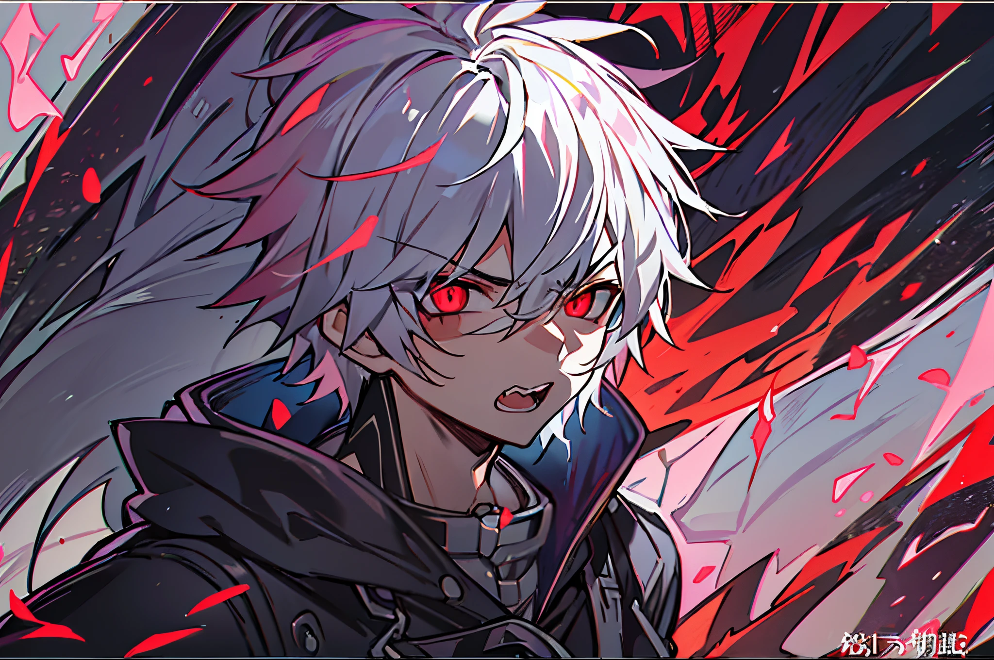 hight resolution,close range、Anime boy with white hair and red eyes staring at camera, Glowing red eyes,slim, dressed in a black outfit,Shadow Body,colorful backdrop,hair messy, Diagonal angle、get angry、Opening Mouth