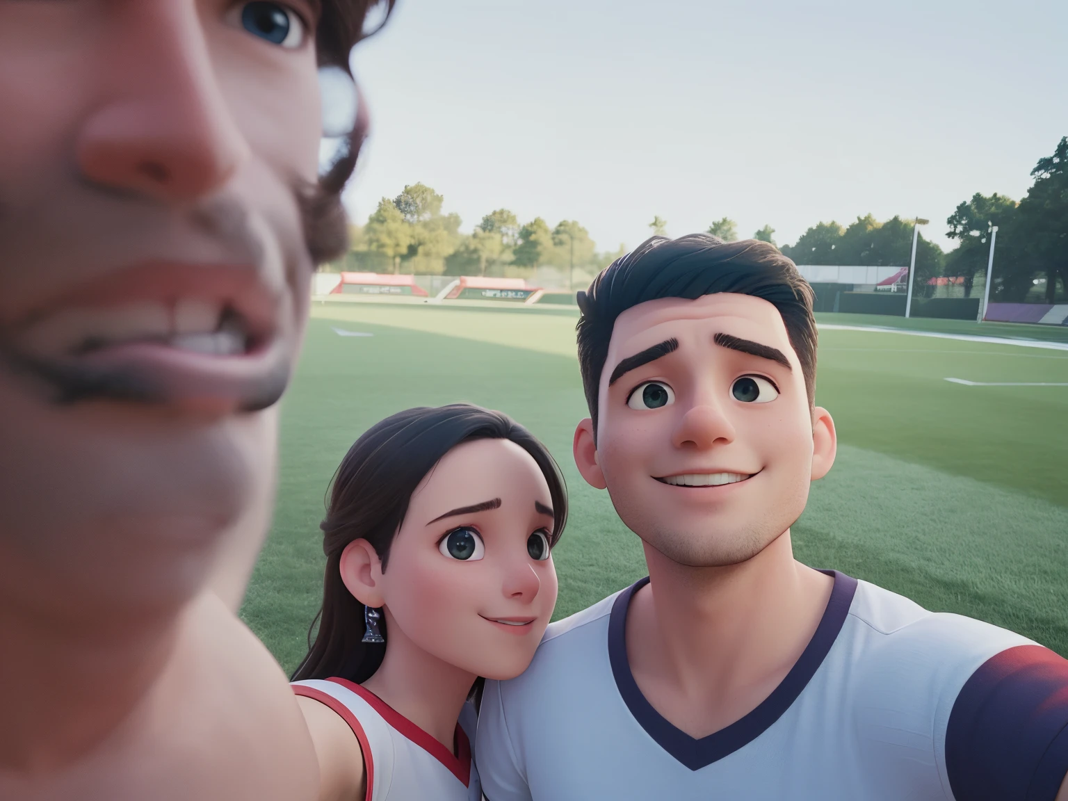 there is a man and woman taking a selfie in a park, 8k selfie photograph, selfie shot straight on angle, selfie photo, on a football field, in love selfie, happy couple