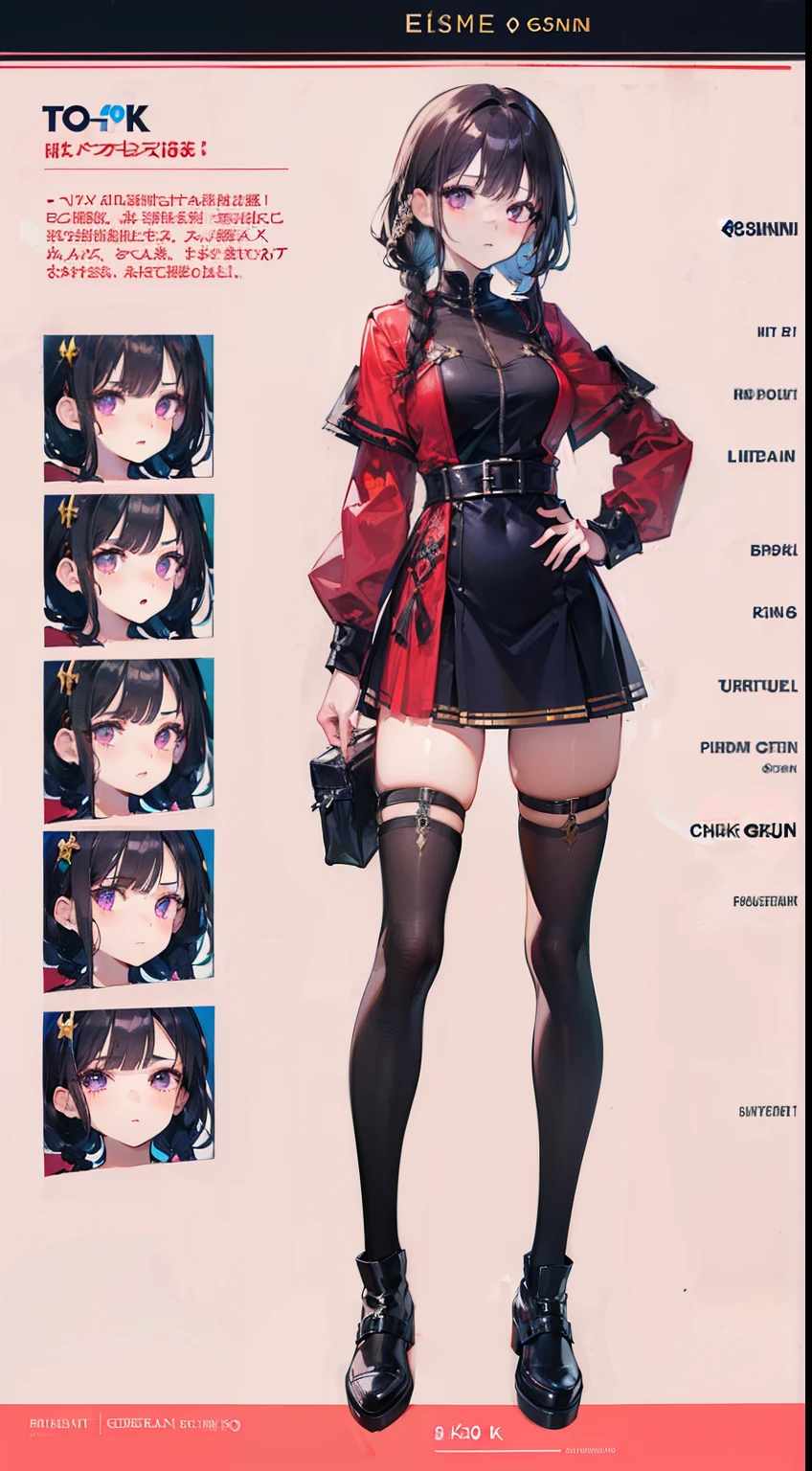 (((8K,top-quality)))1 young girl, character sheets, concept-art, full body Esbian, (masterpiece:1.2), (Top image quality:1.3), 1girl in, is standing, Braided hair, Succubus, Dark hair,Purple eyes