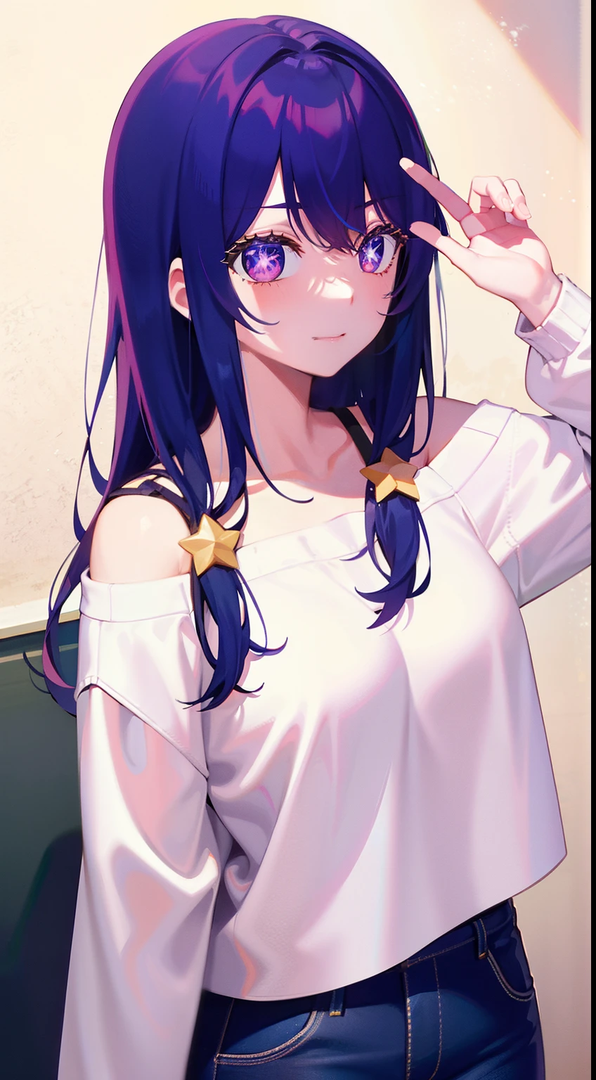 Ai Hoshino, star shaped pupil, off shoulder sweater