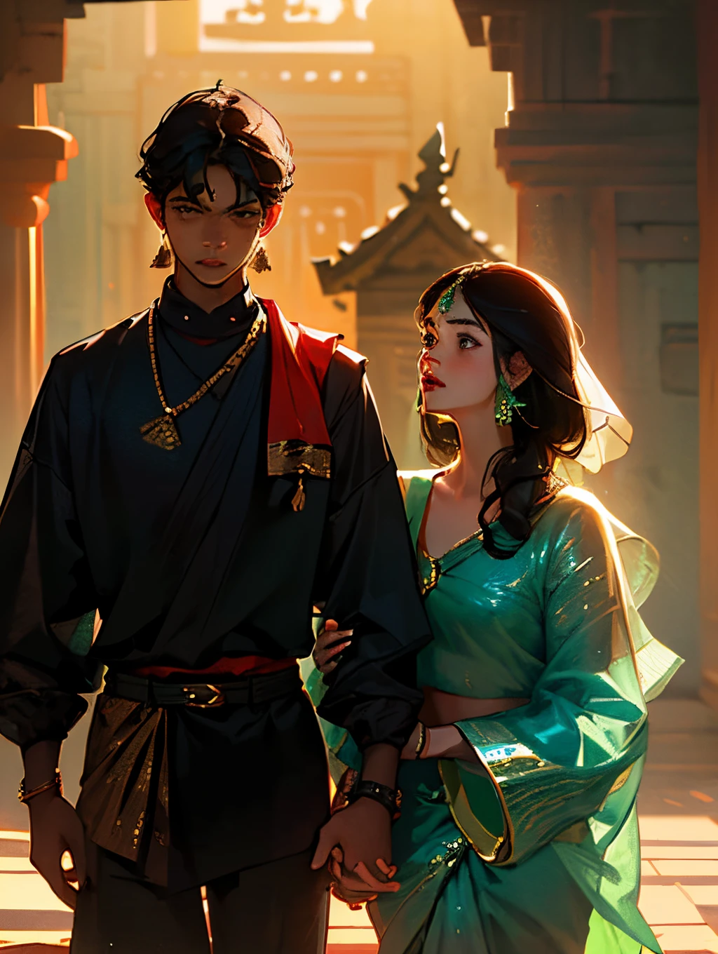 A boy and girl standing at temple. The boy is tall and the girl is short. The girl is wearing brown sandalwood colour saree with black blouse and the boy wearing brown jippa with black jeans.