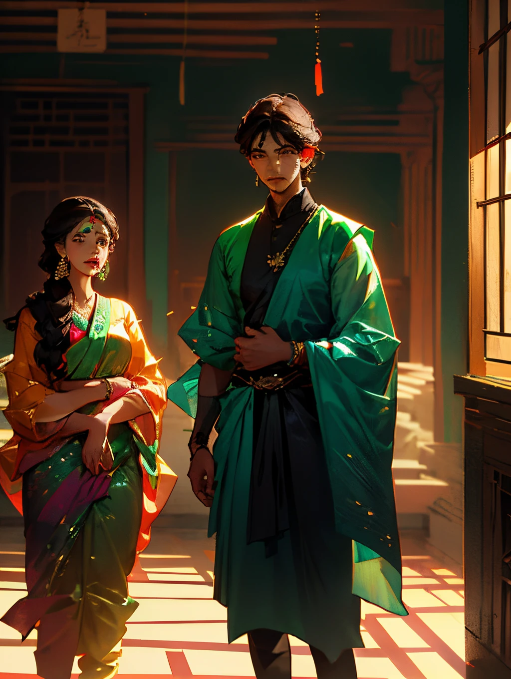 A boy and girl standing at temple. The boy is tall and the girl is short. The girl is wearing brown sandalwood colour saree with black blouse and the boy wearing brown jippa with black jeans.
