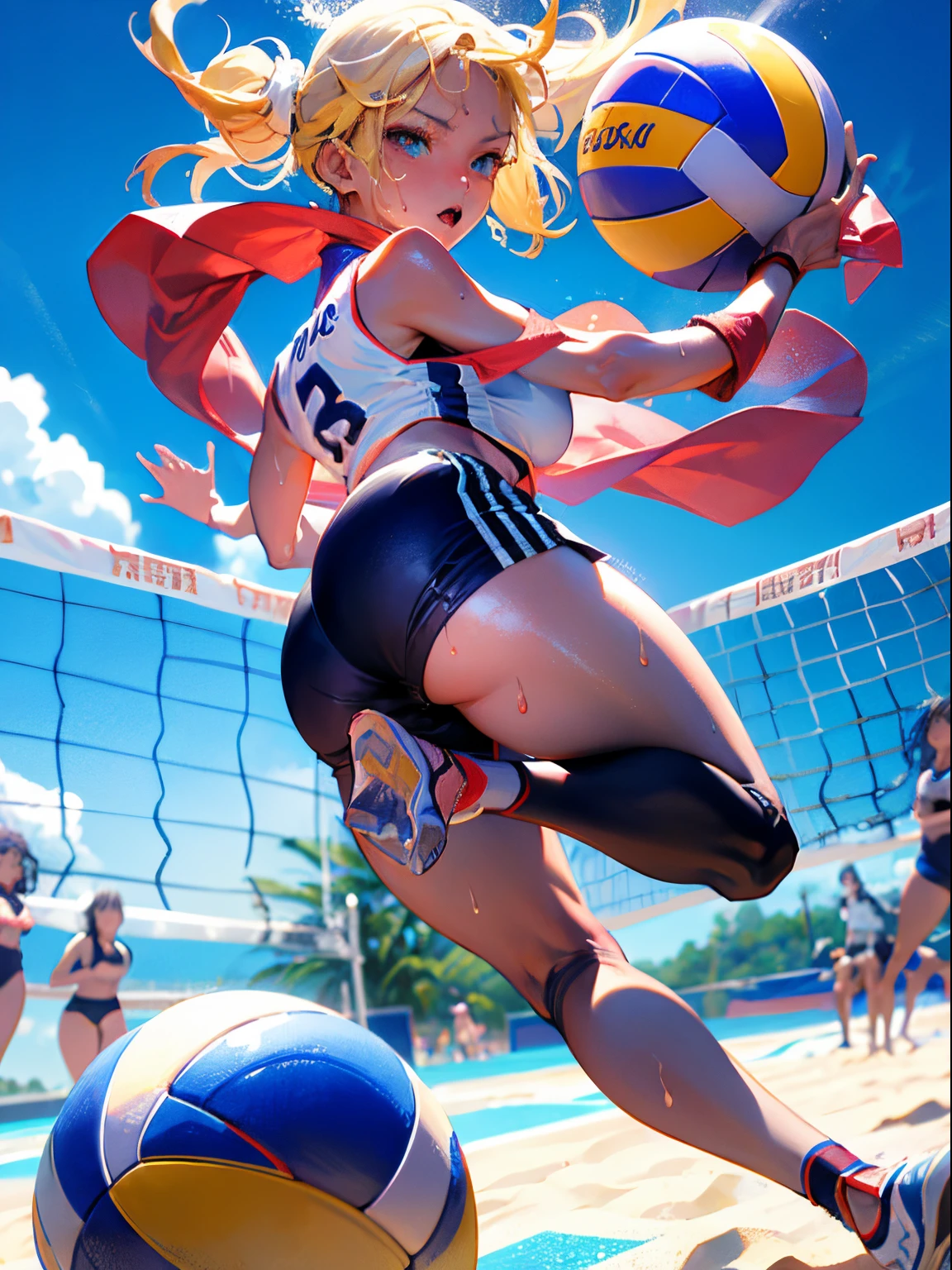 Best Quality, masutepiece,  High resolution, (Anime Heroine Illustration), Anime Paint, 1beautiful girl ,Dynamic Angle,Female beach volleyball Athletes,small head,Large breasts,nice legs, Glowing skin, Sweat,At the beach volleyball venue ,,Detailed beautiful face,large eyes,detailed hairs,detailed skins,Realistic Skins,Sweat,detailed  clothes,cool,from side