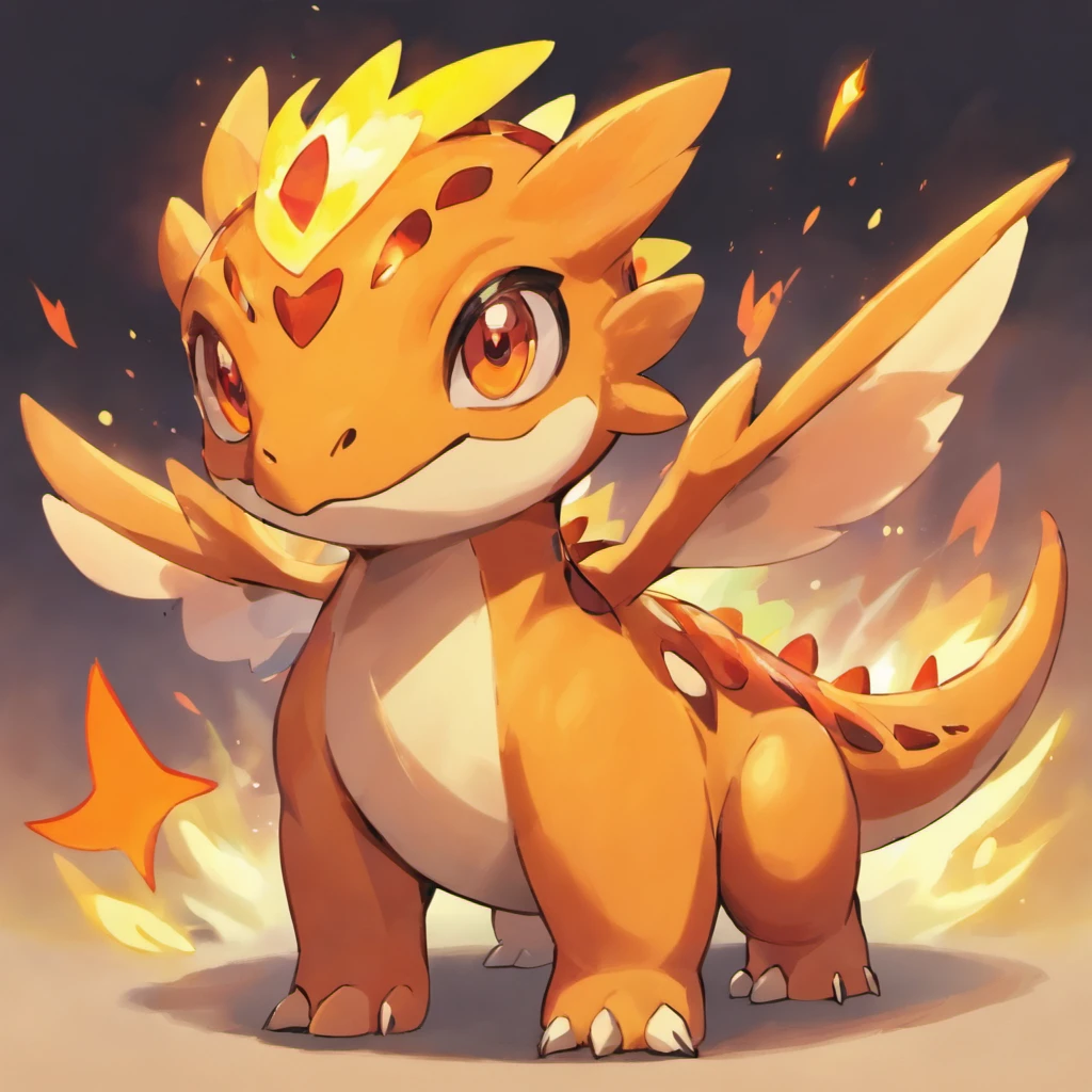 Cute dinosaurs，Fire attribute, Orange head, little wings，Red pupils，tmasterpiece, Best quality at best