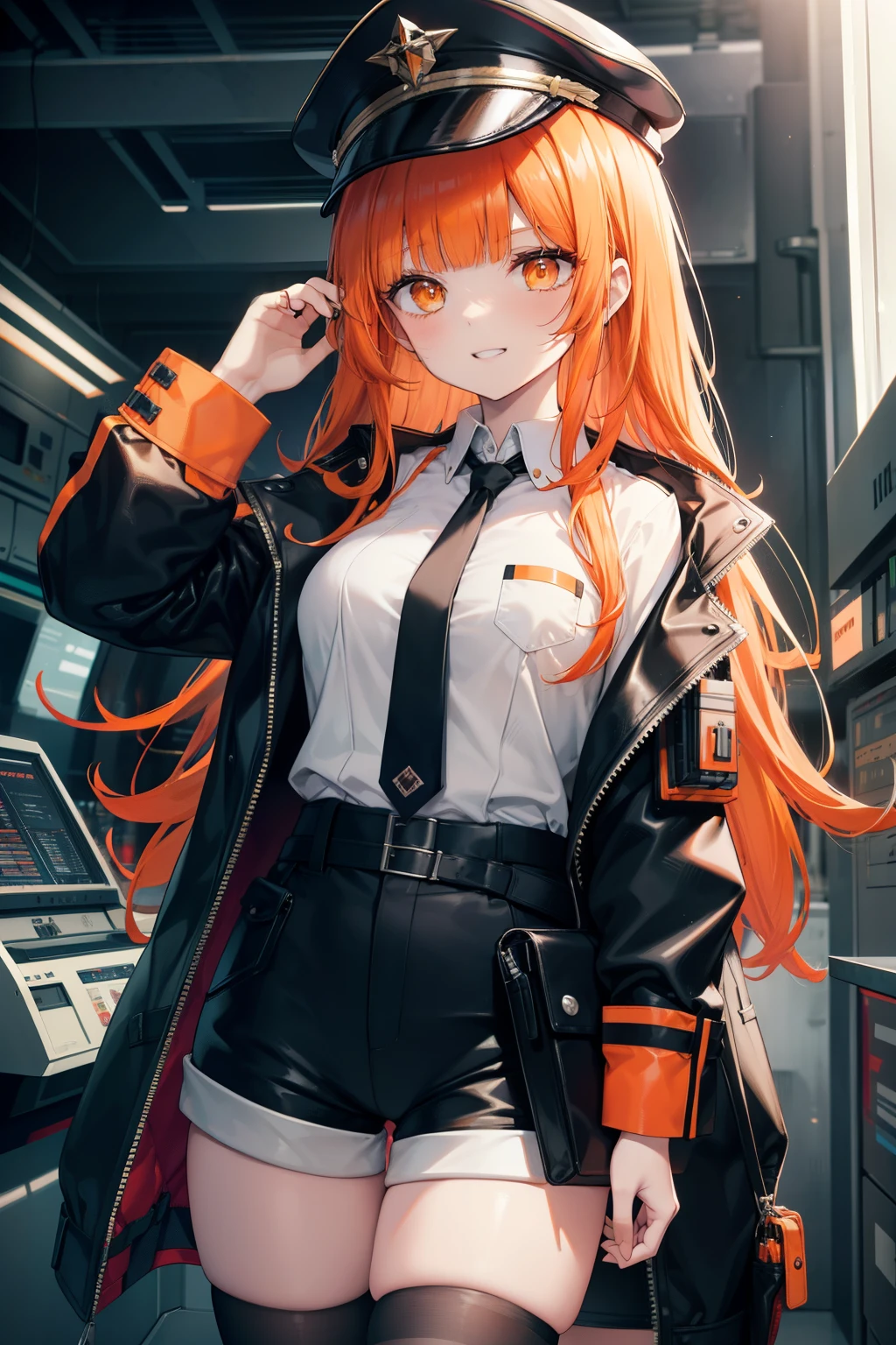 grin,white collared shirt, black coat, peaked cap, patchwork clothes, orange hair, orange eyes, asymmetrical hair, bangs, blunt bangs, curtained hair, side swept bangs, sidelocks, smirk, open mouth, anatomically correct, multicolored jacket, orange trim, troll (white collared shirt:1), high waist shorts, medium breasts, long hair, thighhighs, cyberpunk, futuristic, spacecraft interior, chest belt, belt pouch,