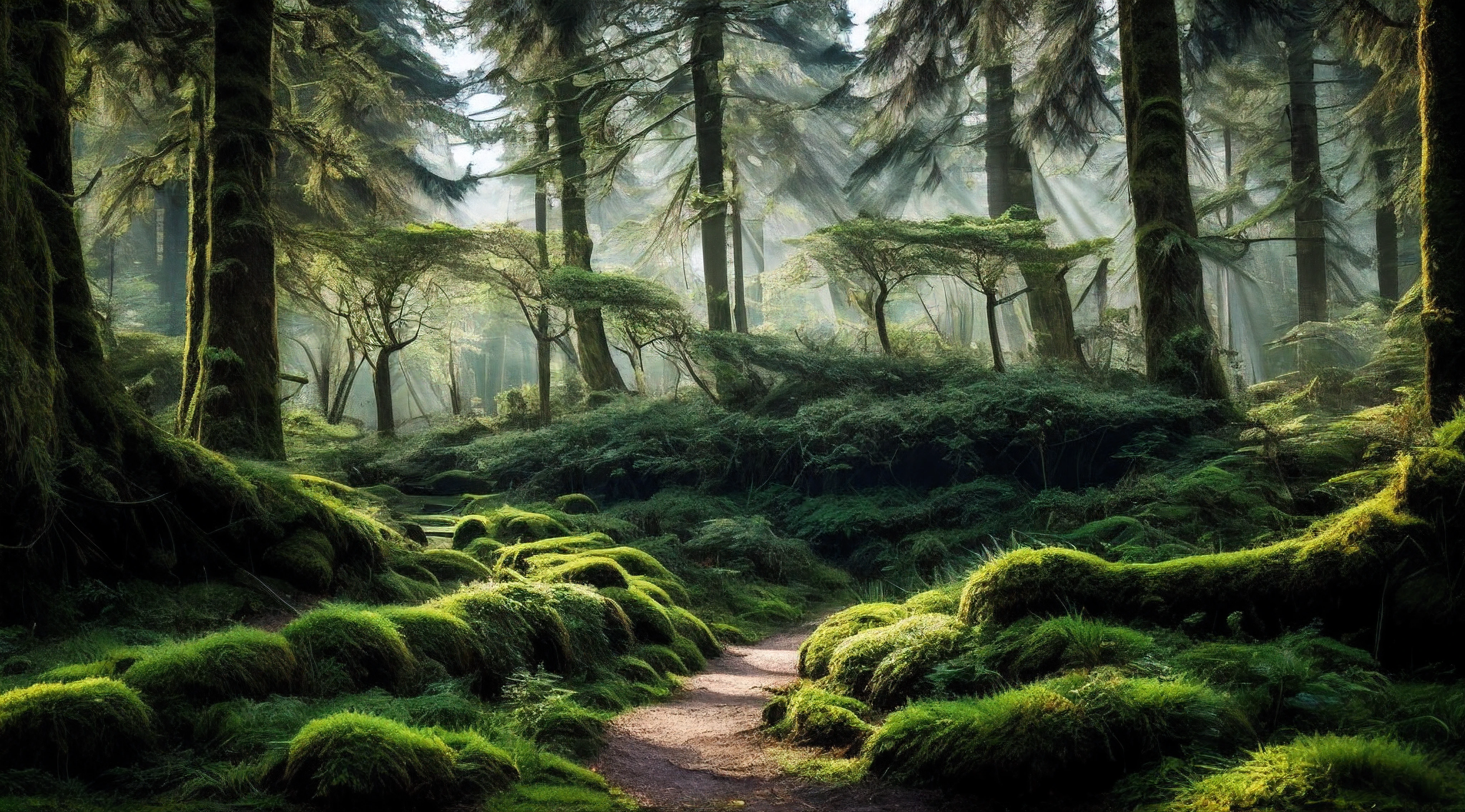 key details in the ancient forest kingdom scene:
Setting & Time Period:
Lush, dense forest with towering trees, set 10,000 years before modern technology
Structures & Shelters:
Bark planks fitted together into platforms among branches
Tiny huts nestled within nooks of mighty tree trunks
Walkways and bridges woven from flexible willow stems
Natural Features:
Vines drape down in emerald curtains
Carpet of grass and wildflowers across forest floor
Logs covered in moss, ferns and lichen
Mighty tree trunks with knots and natural forks
Lighting & Nature:
Sunlight filtered through leafy canopy
Shade of jade, sage and emerald hues
Birds chirping and rustling leaves
Stillness and earthy primal magic in the air
Inhabitants:
Early humans living entwined with nature
Sheltered in harmony with the ancient forest kingdom