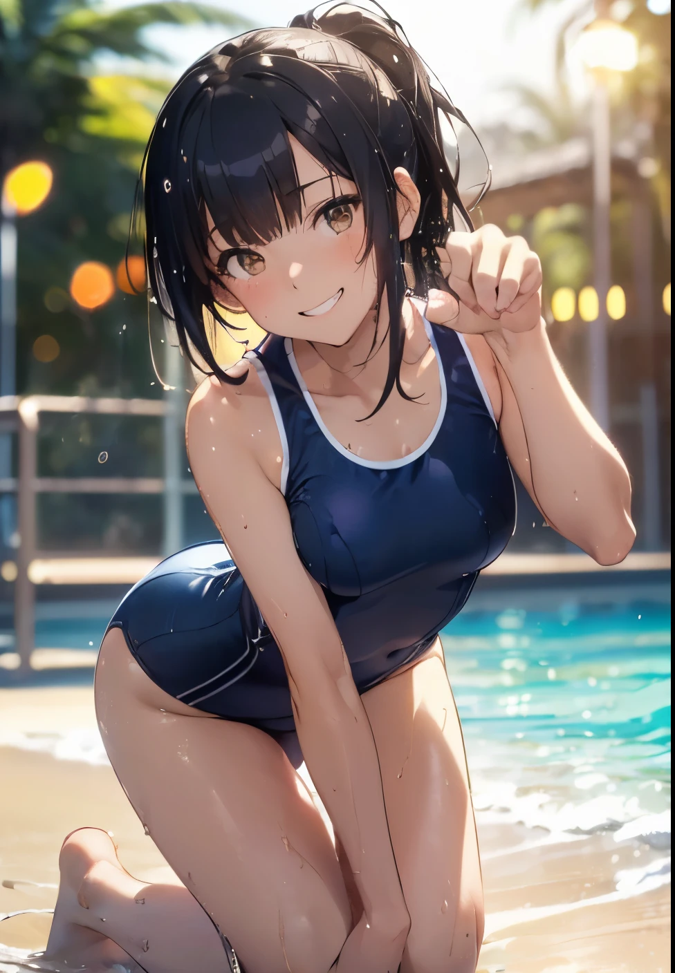 (masutepiece:1.2), (Best Quality:1.2), hyper detailed illustration，beautiful artwork，(extremery detailed CG，8K Wallpaper、​(exquisite lighting and shadow)、(highly dramatic picture)、(cinematic lens effects)、Young woman is sitting on the beach and wearing a school swimsuit，Some wear dark blue school swimsuits, 1girl in, Swimsuit, Solo, (dark blue school swimsuit:1.3), onepiece swimsuit, Covered navel, Black hair, Looking at Viewer, breasts, Barefoot, Outdoors, Black hair, Pony tail，Tsurime, School swim wear, day, Bare shoulders, small breasts bangs, (Wet)，(light glow)，(Big smile:1.2)，(straggling hair)，Shiny hair，(Lens Flare)，Cat Pose，(PAW Pose:1.3)，Kneeling，(Head tilt:1.1)，(Sweat:1.2)，(light glow:1.2)，(strong lights:1.2)，(Bokeh:1.2)，(Navy Blue School Swimwear)，(Brown eyes:1.2)，(Evil smile)，(Sandy beach:1.1)，(Leaning forward)，