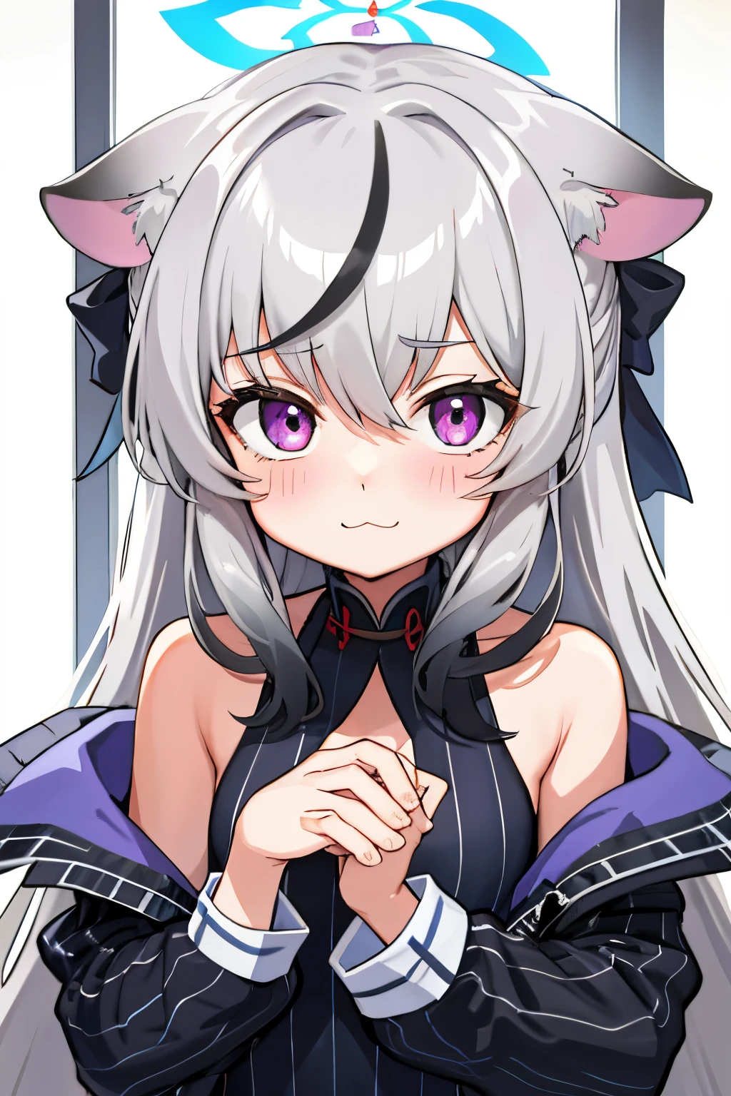 tmasterpiece, best qualtiy, ultra - detailed, 1girll,Gray hair Kokona, inside in room, Purple eye, :3,the face, closeup cleavage