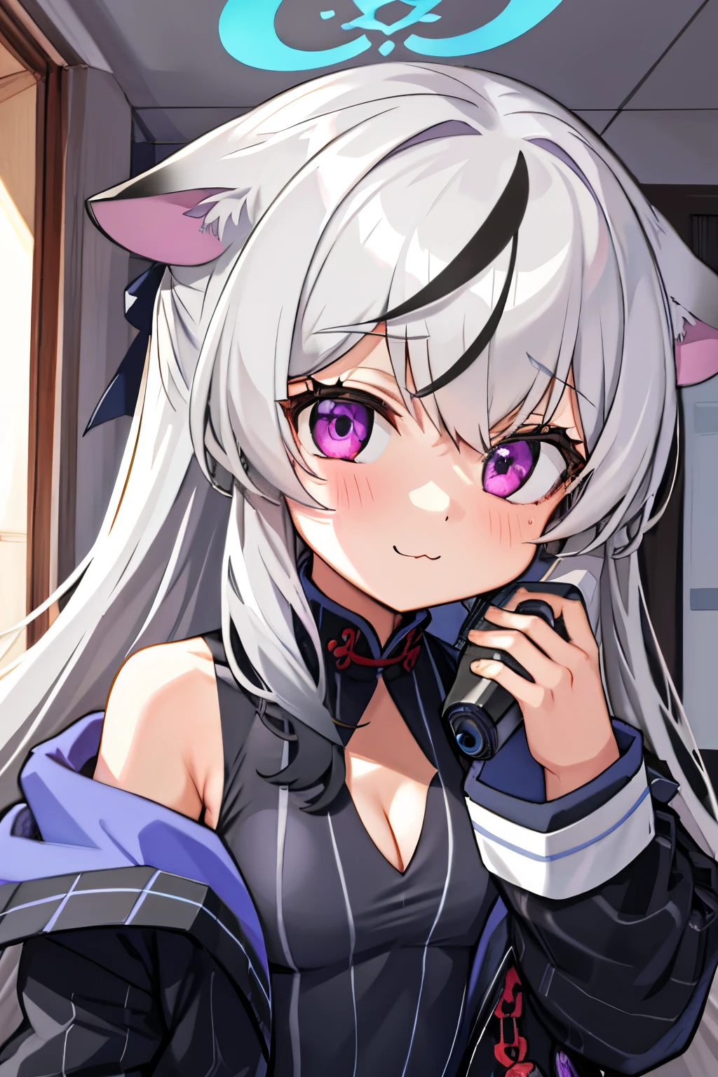 tmasterpiece, best qualtiy, ultra - detailed, 1girll,Gray hair Kokona, inside in room, Purple eye, :3,the face, closeup cleavage