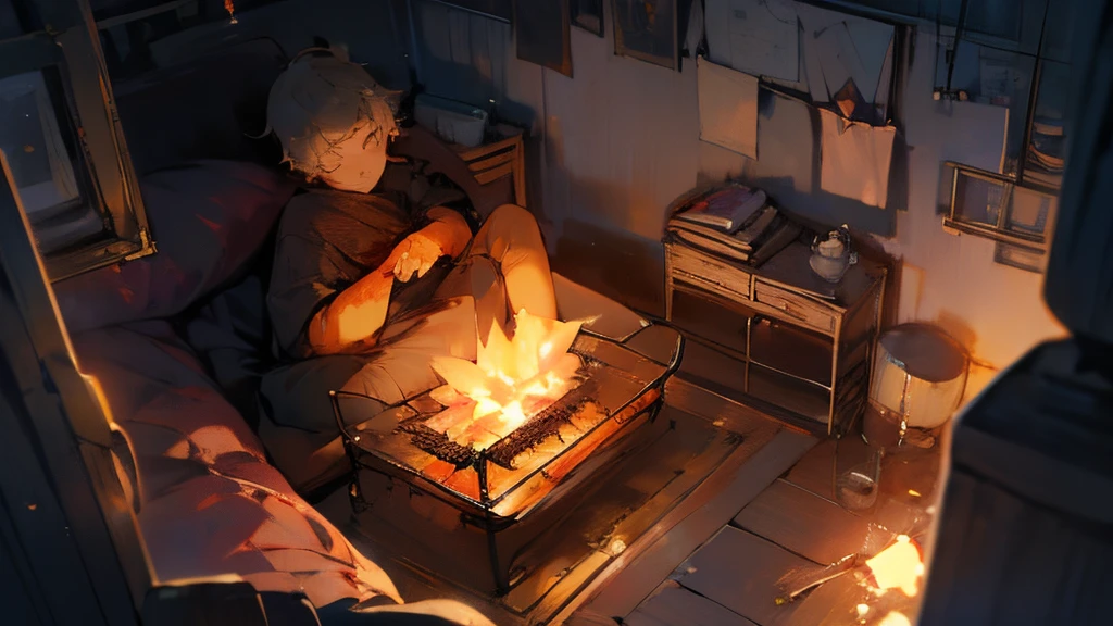 Poster cover，sleep theme，Warm feeling，Relaxing feeling，Comfortable colors，peaceful rest，make people quiet，a feeling of happiness，warm stove，warm bedding