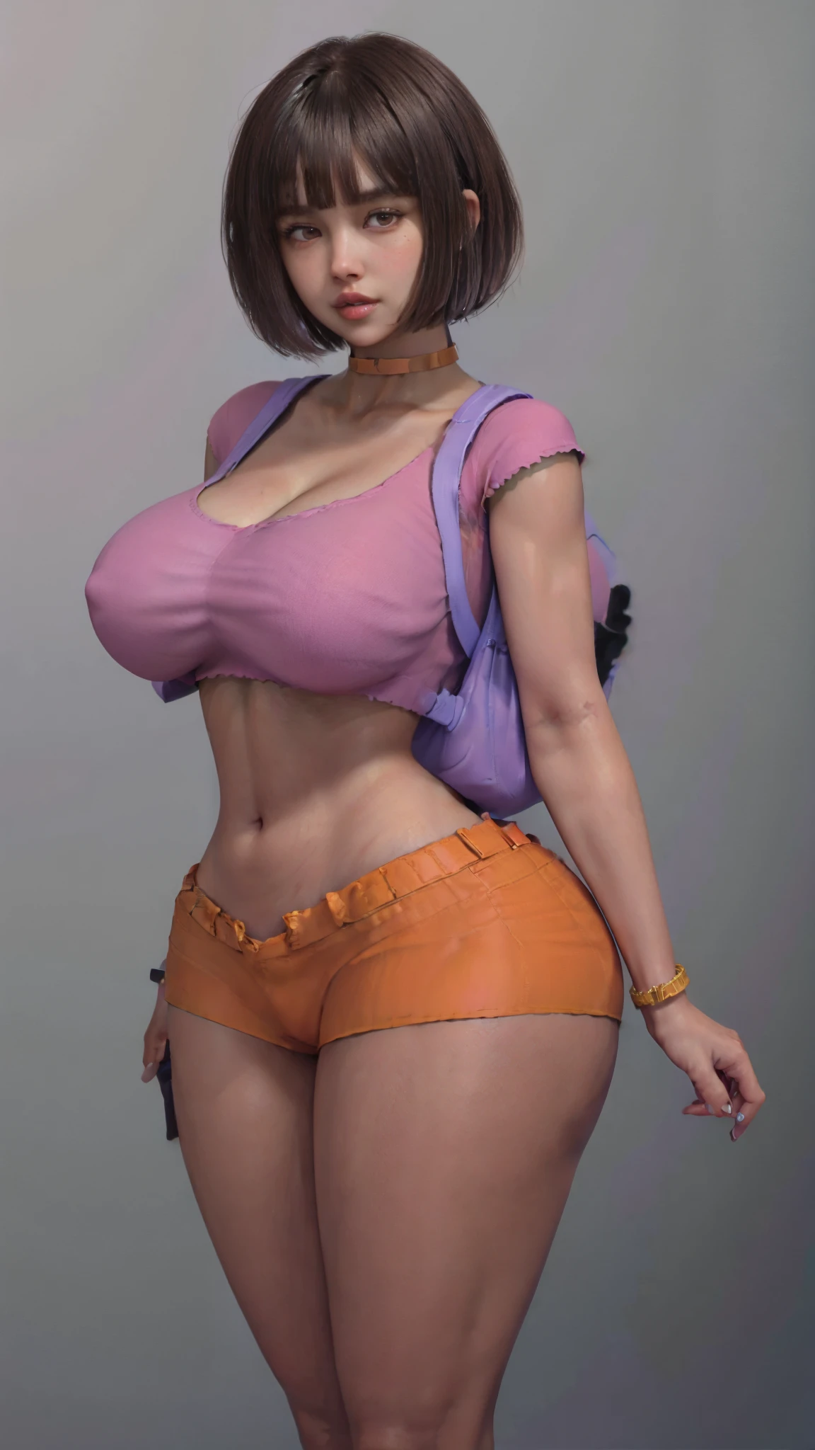 (masterpiece, best quality), (absurdres), 1girl, brown eyes, (dark-skinned female), bob cut, black choker, (Wearing a pink cropped shirt)and orange shorts:1.3), (purple school backpack:1.1), (flat chest:1.2), (thick thighs), (wide hips),