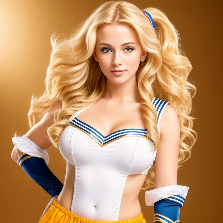 (best quality,4k,8k,high res,masterpiece:1.2),ultra-detailed, photorealistic, full body shot,golden blonde, long wavy hair,Mature and beautiful, realistic portrayal:1.2 Sailor Moon posing as if she’s in a professional photoshoot, dressed as a cheerleader