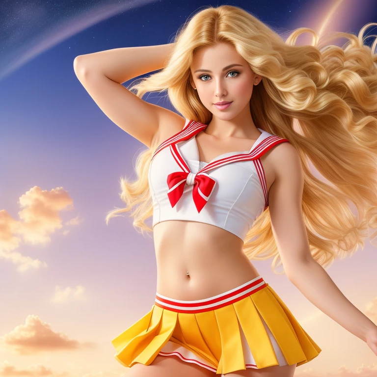 (best quality,4k,8k,high res,masterpiece:1.2),ultra-detailed, photorealistic, full body shot,golden blonde, long wavy hair,Mature and beautiful, realistic portrayal:1.2 Sailor Moon posing as if she’s in a professional photoshoot, dressed as a cheerleader