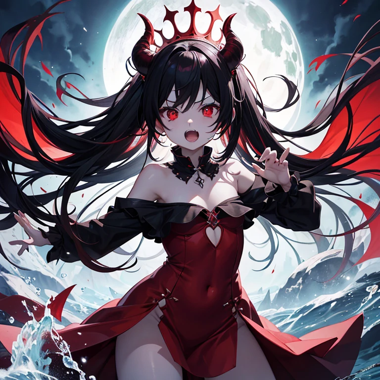 There is a demon Waifu,ultra hd,red/black long hair,cute,red eye,,normal booba,His mouth is open , tooth , water,fight position,flufy shirt,shy, Thigh visible,queen,castle,
Fantasy dress