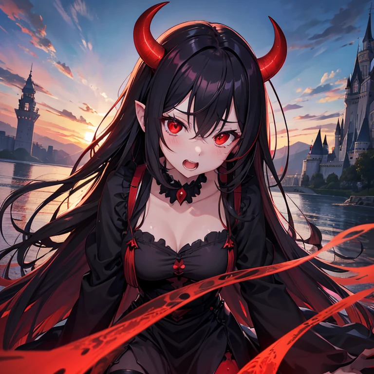 There is a demon Waifu,ultra hd,red/black long hair,cute,red eye,,normal booba,His mouth is open , tooth , water,fight position,flufy shirt,shy, Thigh visible,queen,castle,
Fantasy dress