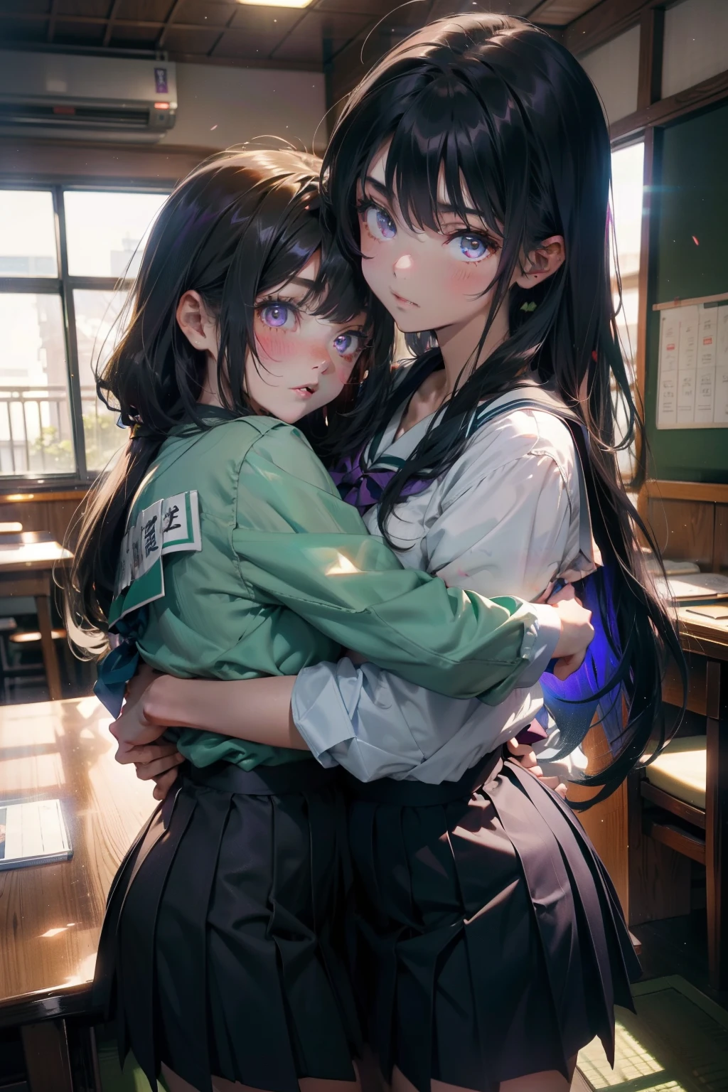 Two girls hugging each other, One has long black hair......., Purple eyes..., The other has long ash-gray hair......., Green eyes..., High quality, a couple , Girls love girls............., Yuri ,beautiful  Girl, lesbian, Lovers ,. Koi., . expression of love. Lovers. date. , a hyperrealistic schoolgirl, Japan school uniform, japanese high school, japanese girl school uniform, a hyperrealistic schoolgirl, of a schoolgirl posing, wearing japanese school uniform, Cute Schoolgirl，