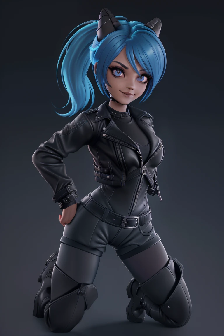 beautiful 1girl, close, short bright blue neon hair in a ponytail, thin body, narrow hips, narrow waste, medium breasts, detailed eyes, ((seductive pose:1.1)), shy smile, black eyeshadow, dark makeup, ((fitted dark leather jacket, tight fitted short pants, thigh high leather boots:1.3), short goat horns, (kneeling: 1.15), (dark city night background:1.22), digital art, highly detailed, fine detail, intricate, beautiful detailed glow, detailed, Cinematic light, high-res, sharp focus, smooth, aesthetic,