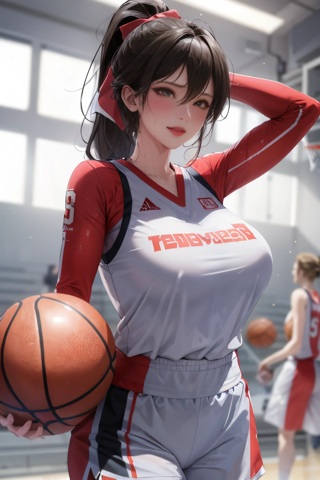 Masterpiece: 1.2, best quality), realistic, (real picture, rich details details, depth of field), (1girl, solo), smile, delicate facial features, makeup, high detail, perfect face shape, (big breasts: 1.4), ( skindentation ), thick thighs, wide hips, thin waist, tall, coral, red lips, red eyes, ponytail, ((basketball girl, transparent basketball suit)))), (sweat: 1.2), (wet), sexy, blushing, sweaty