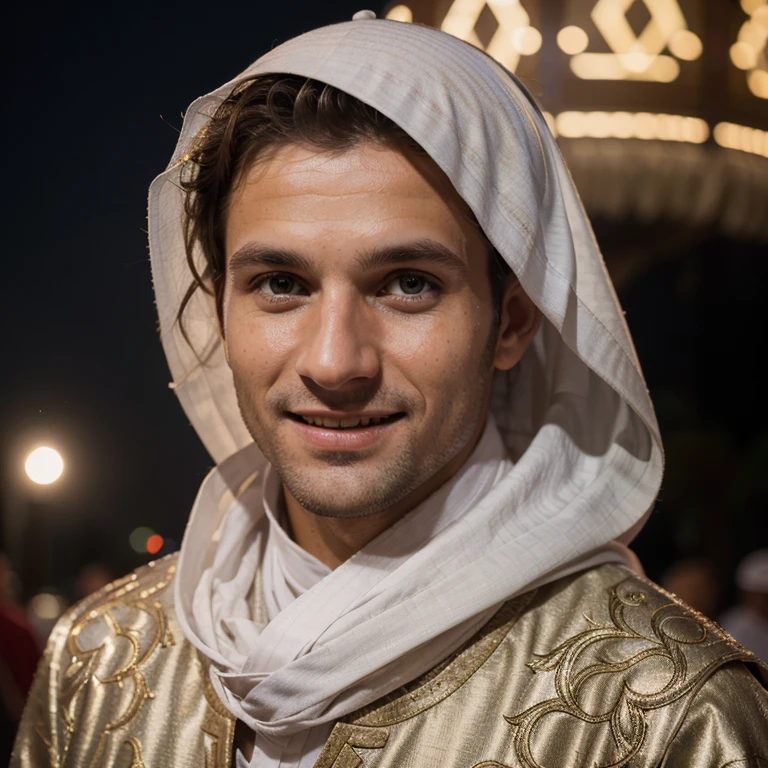 RAW photo, a portrait photo of Thomas Müller in traditional Muslim Arabian outfit, solo, laugh, night dubai, (high detailed skin:1.2), 8k uhd, dslr, soft lighting, high quality, film grain, Fujifilm XT3