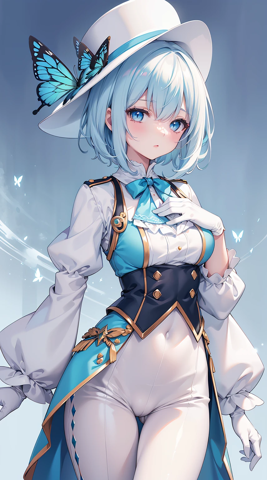 (Masterpiece, Slim Body, Delicate Fingers: 1.2), Best Quality, (Illustration: 1.2), (Hyper Detail), Eye Focus, Ultra Detail, (Fine Detail), (Intricate Detail), HDR, (Ultra Detail: 1.15), (Soft Light: 1.2), girls , (White hair and blue highlights), (cyan left eyes: 1.3) , (blue right eyes: 1.3) , ager , (nobility lady cloth), neat outfit, (costume with blue accents: 1.2), white shirt , (blue jacket: 1.3), (medium long white pant: 1.2) , medium short hair , solo , wearing hat , wearing gloves (white) , multicolored hair , ahoge ,black ascot , long sleeves shirt , blue top hat, butterfly ,frilled sleeves jacket , large chest,