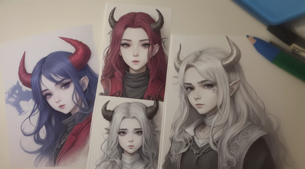 drawing of a woman with horns and demon head, high quality colored sketch, colorful sketch, fanart de alta qualidade, fanart oficial, estilo varguyart, desenho colorido, official fan art, Demon Slayer rui fanart, Demon Boy, zumidraw, como um caractere dnd, desenho colorido, retrato de ((travesso)), arte de linha colorida