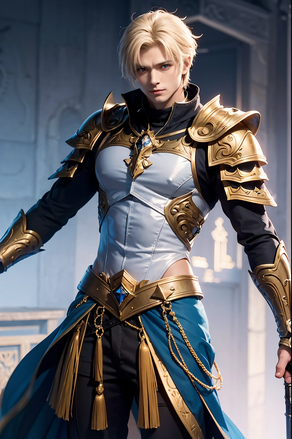 Create a captivating portrait of Malthus Vosk, a noble human Paladin from the Kingdom of Grabisco. Depict his impressive presence and unwavering commitment to justice. Bring to life his tall stature, broad shoulders, and a unique hairstyle that sets him apart. Style his blonde hair in a swept-back fashion, neatly arranged to convey both a sense of discipline and a touch of adventure. Craft his piercing blue eyes that reflect his resolute resolve. Ensure his polished armor gleams with a radiant shine, displaying his unwavering dedication to chivalry. Highlight his holy symbol, emitting a gentle glow, representing his deep-rooted faith. Portray him wielding his trusty longsword with purpose and power. Convey his noble visage exuding confidence and unwavering determination. Inspire both allies and foes alike with his regal appearance and commitment to justice. Let the image reflect Malthus Vosk's embodiment of honor and righteousness, ready to face any challenge in his quest to vanquish the acolytes of Zan and defend the innocent --s 1000