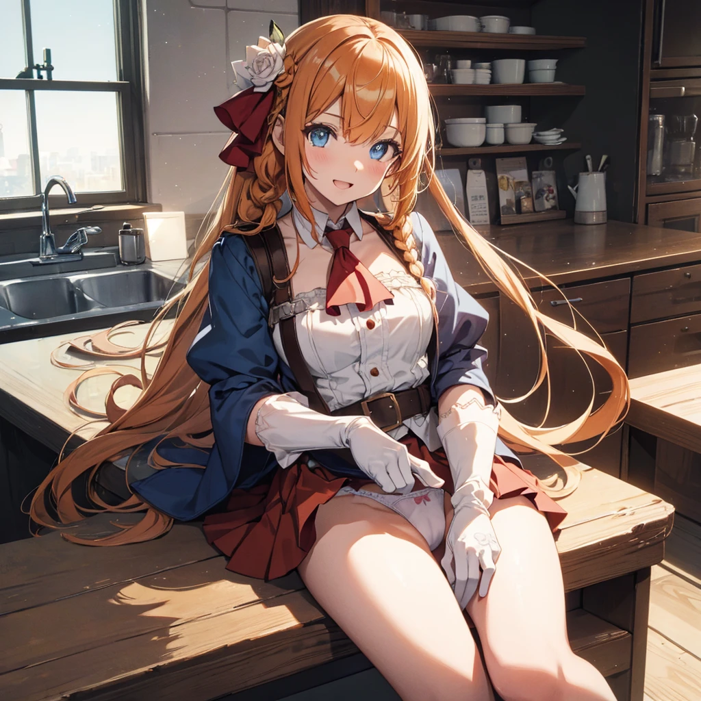 Pecorine, Pecorine, Blue eyes, Hair Ornament, Long hair, Orange hair, tiarra, braid, Hair braid,
Break Arm Belt, armor, ascot, Blue socks, long boots, Dress, gloves, Hair Ornament, Open your clothes, open dress, pauldrons, Pleated skirt, Puffy Short Sleeves, Puffy sleeves, Red Ascot, Red skirt, Short sleeves, Shoulder Armor, Single-pole drone, Skirt, sox, White Dress, wet panties, white footwear, White Gloves,
BREAK looking at viewer, spreading legs, skirt lift, BREAK indoor, in modern kitchen background, sitting on kitchen chair,
BREAK (masutepiece:1.2), Best Quality, High resolution, Unity 8k壁纸, (Illustration:0.8), (Beautiful detailed eyes:1.6), extra detailed face, Perfect Lighting, extremely details CG, (Perfect hands, Perfect Anatomy),、(Skirt lift:1.3), (white panties:1.3)、(Skirt that rolls up:1.3)、(Fully exposed panties:1.5)、outside of house、plein air、Smile with open mouth、cowboy shot、