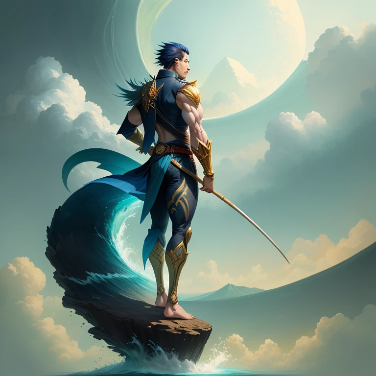 A man standing on a tsunami with a bamboo stick at his feet and looking out over the city in the distance, uma pintura detalhada de Ross Tran, Destaque no Pixiv, arte de fantasia, Arte Oficial, artstation hd |, anime aesthetic