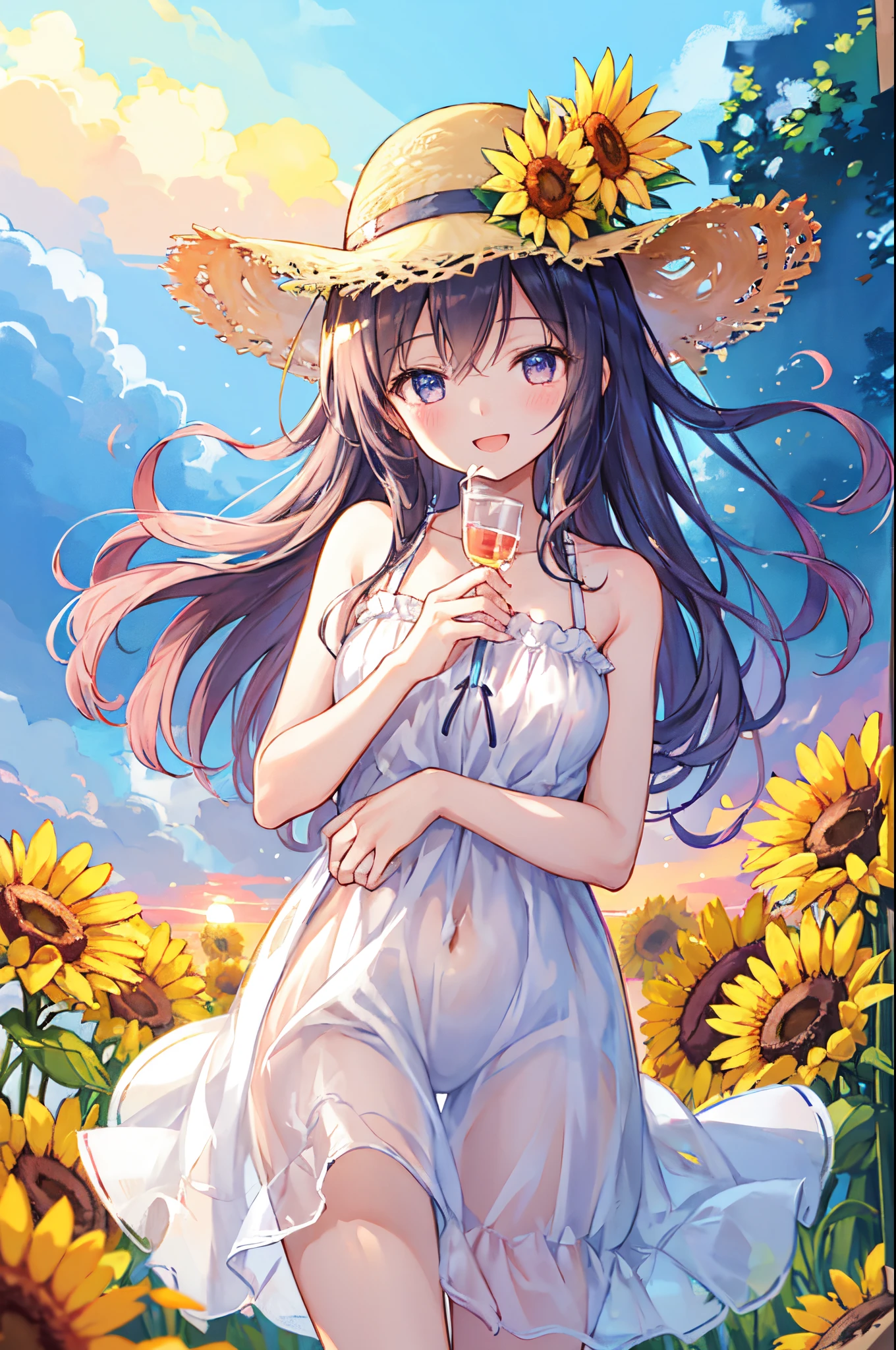 Summer sky、Sun flower、a straw fedora hat、Smile at the sky、oxytocin、The best smile you want to protect、Wide open mouth、closed eye、brightened, Energetic、reach out to the viewer、A fragile, strong and beautiful girl、a little tear in my eyes、Beautiful sunset、