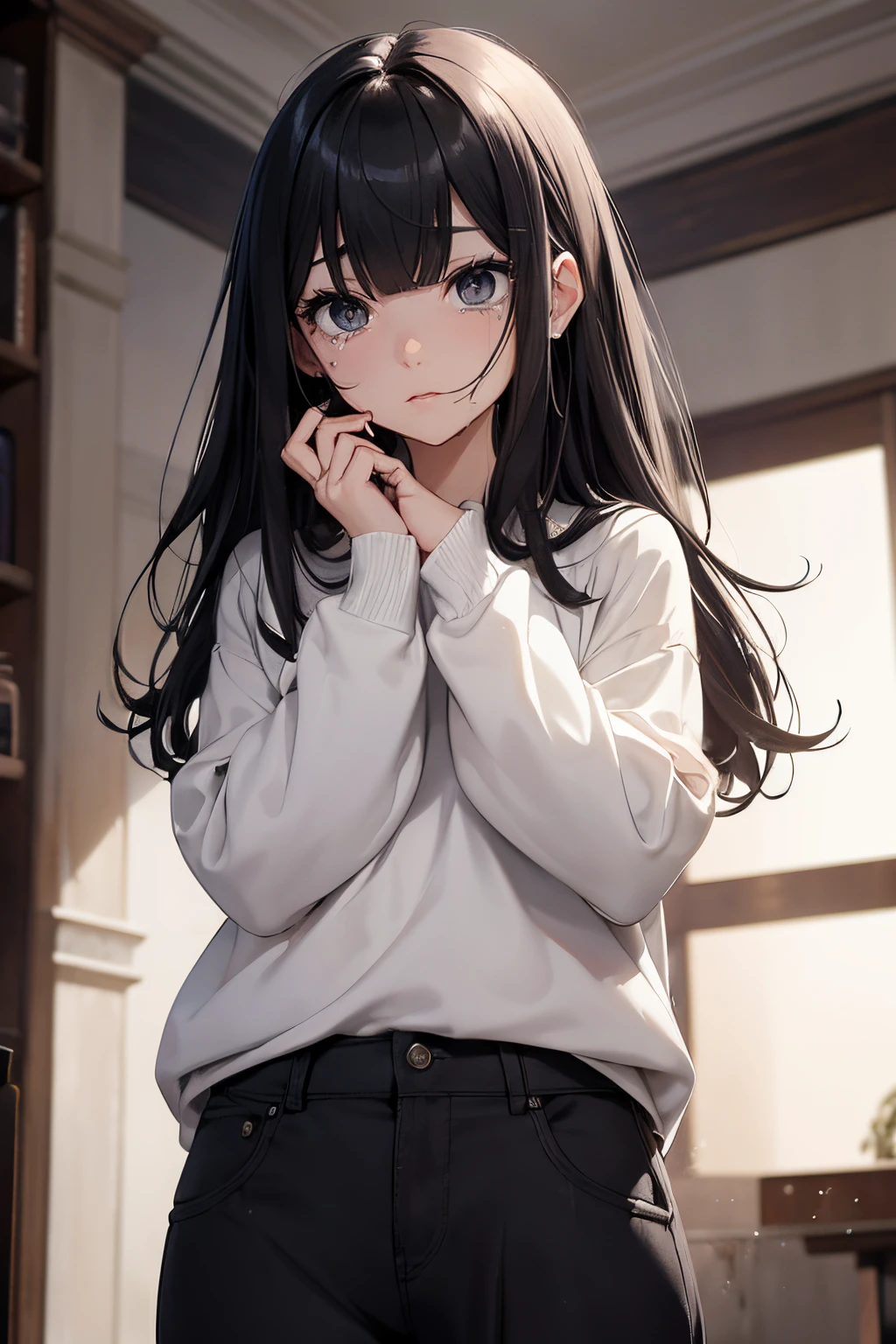 (masterpiece), best quality, expressive eyes, (a 25 year old woman wearing a pear of pants and an oversized white sweaters, standing, hands holding face under eyes), (expressionless), (cold, scary, insane), (long black hair, side bangs), (full body:0.7), ((torso)), perfect hands:0.7, wide shot:0.7, from below, expressive black eyes:0.7, choppy bangs:0.7, fake tears:1, (crazed expression:0.9), ((centered)), perfect head:0.3,