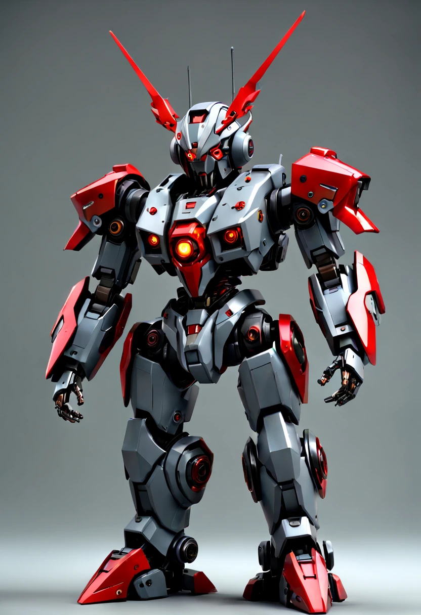 Best quality at best,超詳細,Plain gray background,Very detailed 50mm lens,3Drenderingof, c4d oc, blender, 独奏, byself,red eyes brown hair,Q version three-headed body, robotjoints,Bright red mecha module embellishment, full armour, serious-expression,Conceptual mech design, bioluminescent parts
