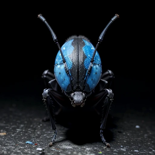 A humanoid insect. It is covered in black and blue chitin. It has a creepy face.