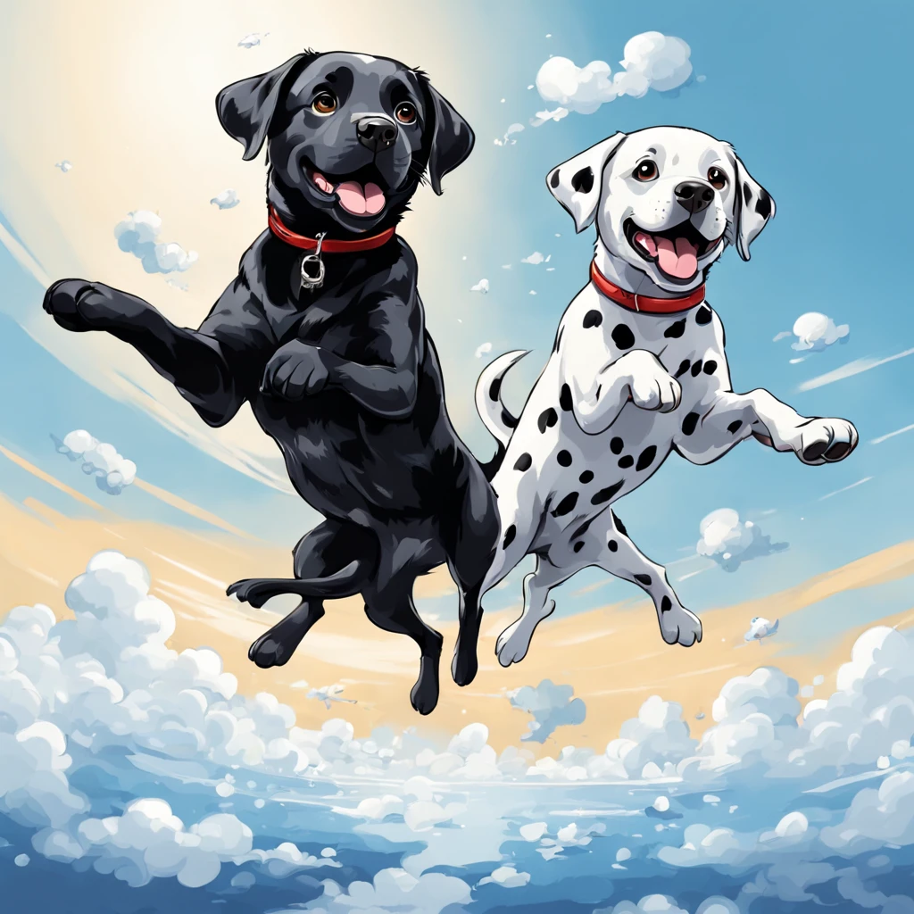 Under the blue sky,1 black labrador retriever,1 Dalmatian with many white parts,Jumping,In 2D chibi art style, masutepiece, Best Quality