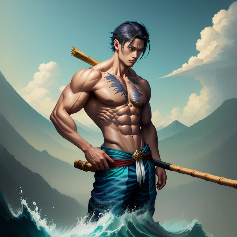 A man standing on a tsunami with a bamboo stick at his feet and looking out over the city in the distance, uma pintura detalhada de Ross Tran, Destaque no Pixiv, arte de fantasia, Arte Oficial, artstation hd |, anime aesthetic (12p pack abs and ripped in half shirt)
