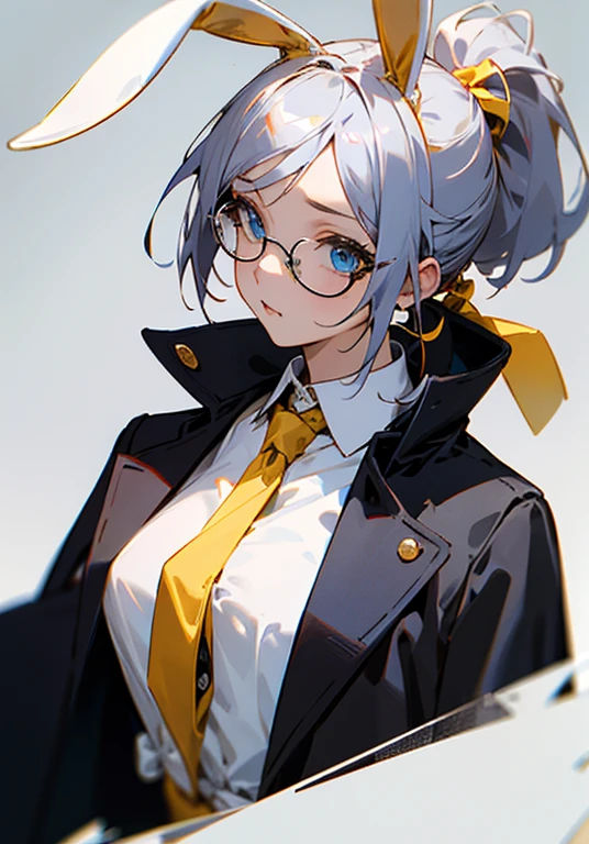 ((Best Quality)), ((masutepiece)), Perfect face,((((White rabbit ears on the head)))),(silber hair),a beauty girl,((((The ponytail is tied high)))),(Golden glasses),Blue eyes,(((Black coat))),D Cup Breasts,(((((white  shirt))))),Detailed Digital Anime Art, anime moe art style, (Yellow tie),A look of bewilderment,Upper body only,Oblique front view